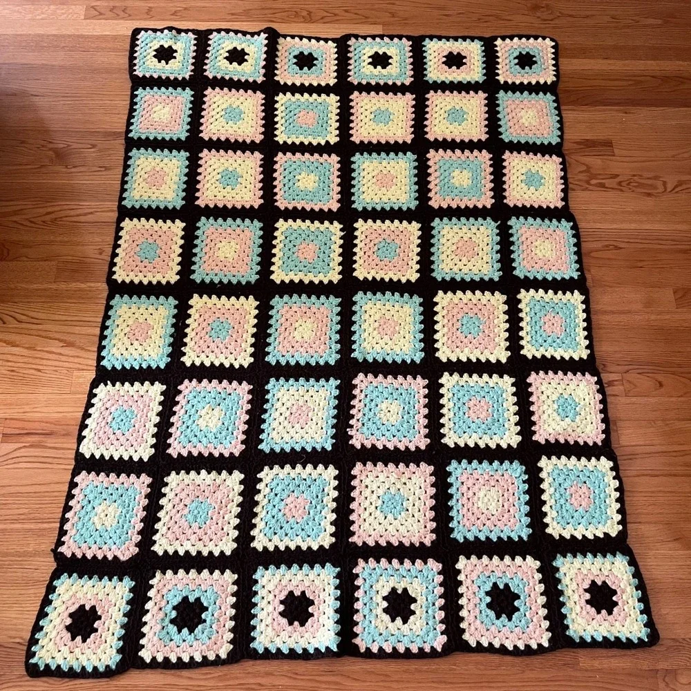 Vintage Handmade Crochet Granny Square Afghan Throw Blanket Brown Pink Boho
